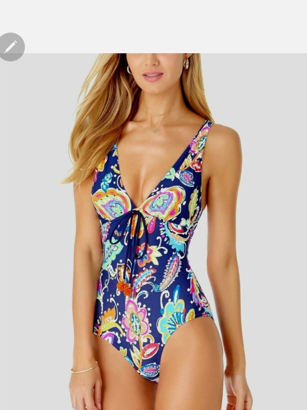 Anne Cole  Multi Color Paisley Pom Pom V Neck Slimming 1 piece Swimsuit Size 12